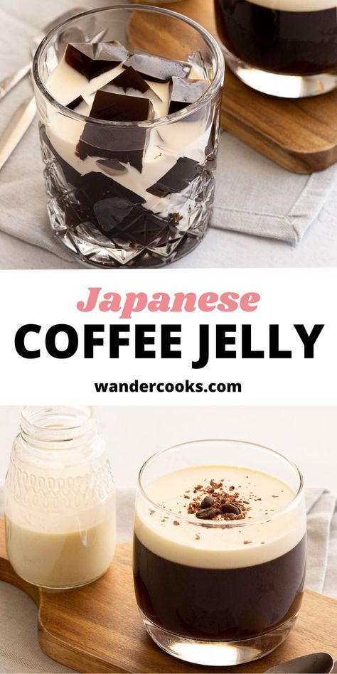 What’s better than a coffee you can drink? Coffee you can eat! Japanese Coffee Jelly is a light dessert made in advance and ready to impress. Only 5 ingredients! Japanese Coffee Jelly Recipe, Japanese Jelly Coffee, Japanese Recipes Dessert, Japanese Drinks Recipe, Cafe Food Recipes, Easy Japanese Dessert, Japanese Coffee Jelly, Coffee Jelly Recipe, Coffee Dessert Recipes