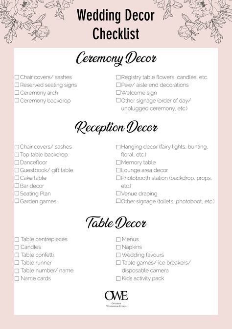 Curated for every dream wedding, our comprehensive decor checklist is your secret weapon for perfecting every beautiful detail. From color palettes to venue vibes, we've got you covered! #weddingplanning #weddingchecklist #bridetobe #engaged #weddingresources #weddingdecor   .#WeddingPlanning #BrideToBe #WeddingInspiration #EventPlanning #DreamWedding Decorations Needed For Wedding, Flower Checklist For Wedding, Wedding Venue Types, Wedding Decorator Checklist, Wedding Reception Checklist Detailed, Types Of Wedding Decor Styles, Wedding Decor Checklist Detailed, Wedding Venue Must Haves, Simple Wedding Reception Decorations Indoor