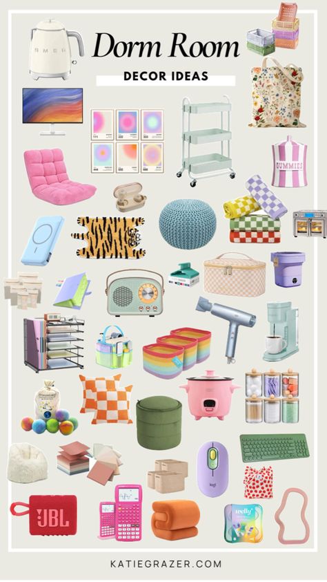 Dorm Room Decor + Essentials #dorm #university #dormdecor #decor #cute #roomdecor College Dorm Theme Ideas, Eclectic Dorm Room Decor, College Dorm Room Needs, Dorm Inspiration Cozy, Dorm Life Aesthetic, Dorm Organization Ideas, Dorm Room Needs, Room Decor Essentials, Dorm Room List