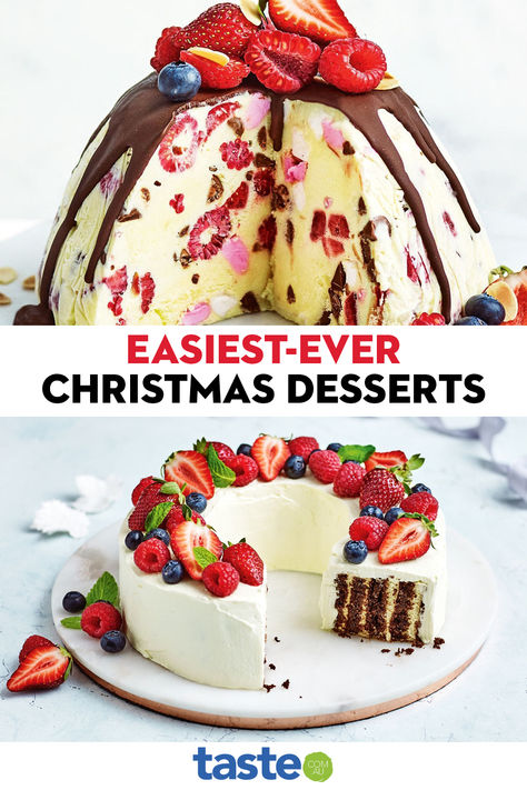 Cooking a full festive feast doesn’t always leave time for preparing an extravagant dessert, too. Luckily these super-easy Christmas dessert recipes are here to help you pull off a showstopper with the minimum of effort. Super Easy Christmas Desserts, Christmas Bombe Dessert, Christmas Dessert Showstopper, Christmas Showstopper Desserts, Unusual Christmas Desserts, Christmas Dessert Recipes Fancy, Easy Christmas Desserts For A Crowd, Extravagant Desserts, Xmas Desserts Recipes