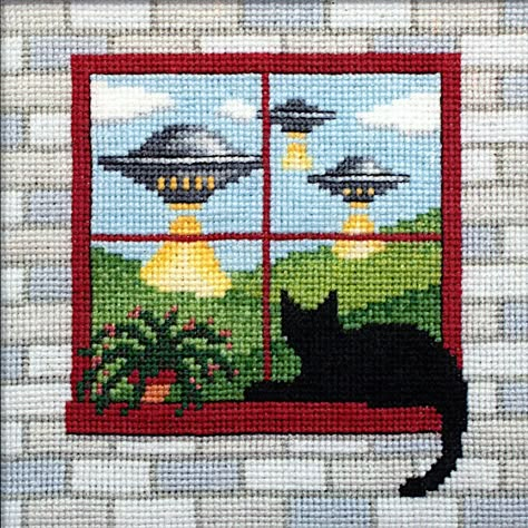 "What the Cat Saw: Close Encounters" Cross Stitch Pattern Alien Cross Stitch, Cross Stitch Cat, Black Cat Sitting, Geek Cross Stitch, Celtic Cross Stitch, Cross Stitch Cats, Creating Patterns, Unique Cross Stitch, Love Cross Stitch