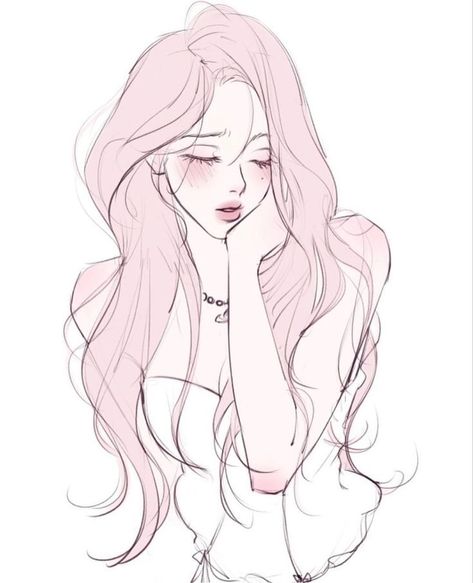 Wavy Hair Women Drawing, Female Head Side View Drawing, Female Bangs Drawing Reference, Long Hair Woman Drawing, Female Oc Pink Hair, Pregnant Woman Reference, Glasses Art Reference, Long Hair Ideas Drawing, Flowing Dress Drawing Reference