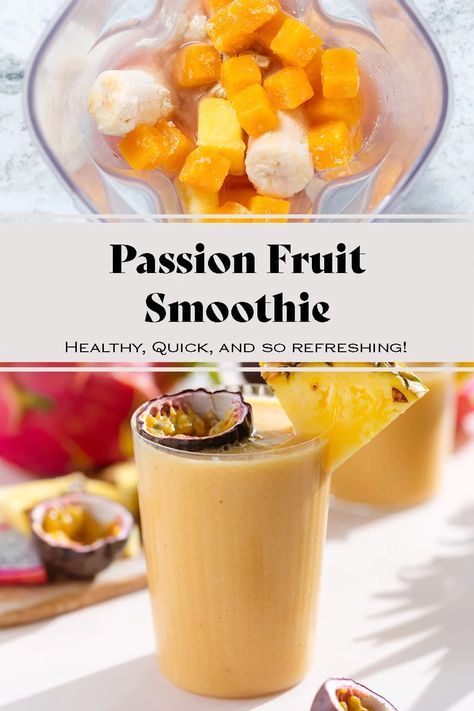 Sip on sunshine with this easy-to-make passion fruit smoothie for breakfast or a midday pick-me-up. Passion fruit adds sweetness and tartness to this creamy smoothie and turns it light orange color. Made with other tropical fruits lime mango and pineapple for added flavor and sweetness. The perfect summer breakfast to enjoy on a hot day! Fruit Protein Shakes, Passion Fruit Smoothie, Low Sugar Smoothies, Mango And Pineapple, Smoothie For Breakfast, Df Recipes, Mango Pineapple Smoothie, Light Orange Color, Passion Fruit Syrup