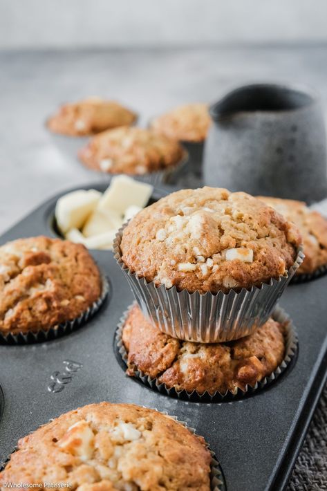 White Chocolate Chunk Apple Muffins - Wholesome Patisserie Choc Muffins, White Chocolate Muffins, Chocolate Muffin Recipe, Chocolate Muffin, Apple Muffins, Apple White, Apple Apple, Chocolate Chunk, Muffin Recipe