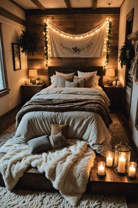 Rustic Dark Bedroom Ideas, Green Rustic Bedroom, Wood In Bedroom, Rustic Western Bedroom Ideas, Rustic Western Bedrooms, Mountain Modern Bedroom, Rustic Cozy Bedroom, Cozy Rustic Bedroom, Western Bedroom Ideas