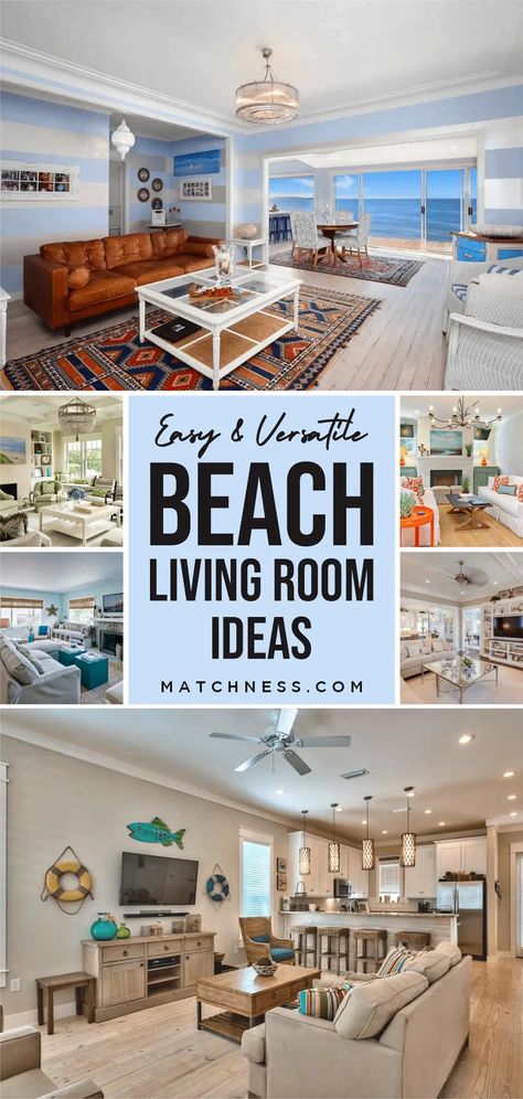 Easy And Versatile Beach Living Room Ideas That Suit Any Style Of Home - Matchness.com Beach House Lounge Room, Beach Living Room Ideas, Brown Lounge, Beach Theme Living Room, Beach Living Room, Beach House Living Room, Ceiling Treatments, Beach House Style, A Day At The Beach