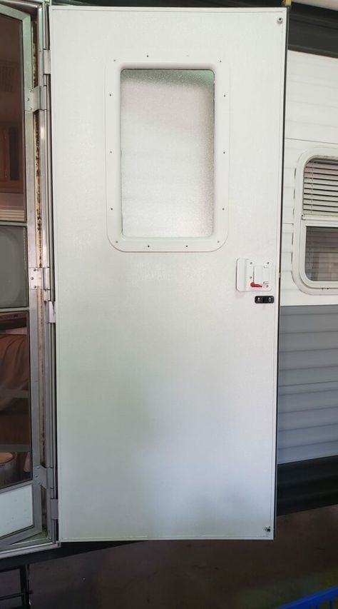 12 Camper Door Makeover Ideas for Interior and Exterior Doors | RV Inspiration Diy Camper Door Ideas, Rv Bathroom Door Makeover, Rv Screen Door Makeover, Rv Front Door Ideas, Diy Rv Door, Rv Door, Camper Exterior Makeover, Camper Door Makeover, Rv Door Makeover