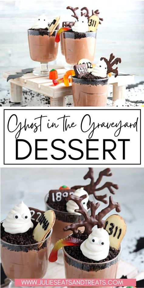 This quick and easy no-bake Halloween dessert is so fun! A layer of fluffy chocolate pudding that's topped with crushed Oreo cookies and decorated with Halloween candy and treats make this Ghost in the Graveyard Dessert delicious and spooky. Graveyard Dessert Dirt Cake, Chocolate Pudding Graveyard, Graveyard Dirt Cake Halloween Desserts, Ghost In A Graveyard Dessert, Graveyard Dessert, Ghosts In The Graveyard Dessert Chocolate Pudding, Ghost In Graveyard, Ghost Desserts, Ghost In The Graveyard