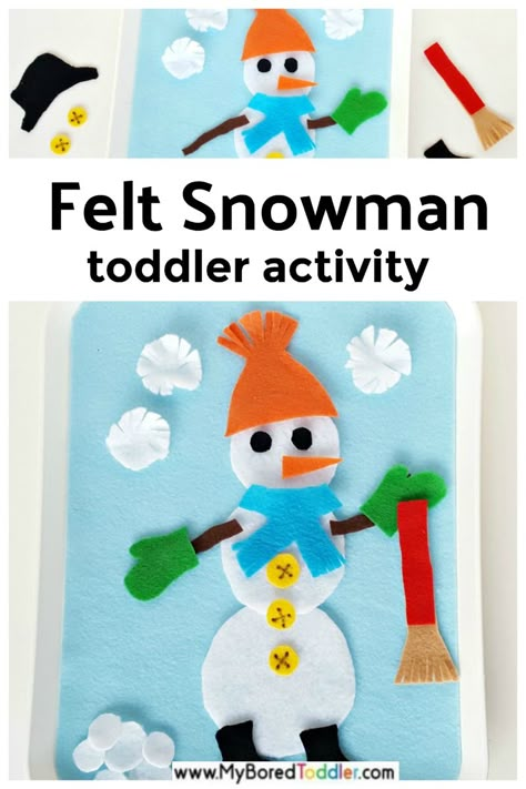 Snowman fine motor creative activity on the felt board - a fun Winter toddler activity idea or toddler busy bag for Christmas #finemotor #finemotoractivity #feltboard #feltcraft Toddler Christmas Books, Snowman Activity, Winter Crafts For Toddlers, Diy Schneemann, Snowmen Activities, Board Crafts, Felt Boards, Winter Play, Activity For Toddlers