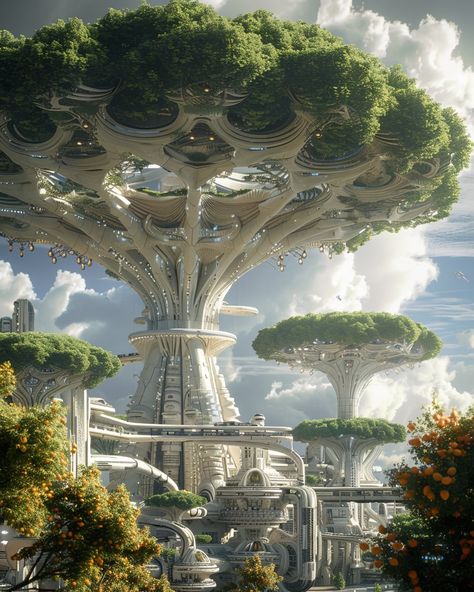 Nature Magic Art, Futuristic Village, Solarpunk Architecture, Alien Cities, Utopia World, Futuristic City Utopia, Futuristic Landscape, Future Earth, Sci Fi Landscape