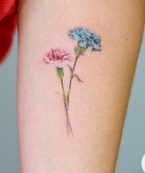 Carnation Flower Tattoo Color, Watercolor Carnation Tattoo, Pink Carnation Tattoo, Carnations Tattoo, Carnation Tattoos, Carnation Flower Tattoo, Tattoo Between Breast, Red Bird Tattoos, Carnation Tattoo