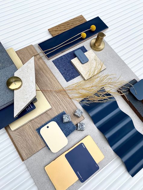 Color Palette Navy Gold, Navy Gold Color Palette, Material Color Palette, Beauty Shop Decor, Teal Interiors, Materials Board Interior Design, Blue Interior Design, Mood Board Interior, New House Bathroom