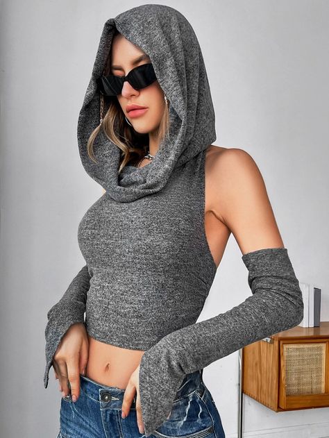 SHEIN ICON Draped Front Backless Hooded Top With Arm Sleeves | SHEIN USA Hooded Top Outfit, Hooded Crop Top, Outfits Con Jeans, Shein Icon, Crop Top Hoodie, Pullover Outfit, Arm Sleeves, Hooded Dress, Hooded Top