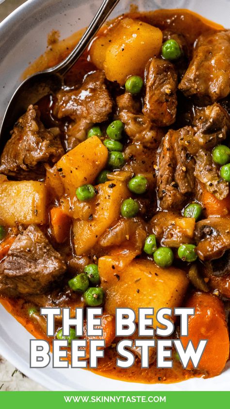 This classic beef stew is the ideal dinner for a chilly weekend. Beef, carrots, potatoes, onion, celery, peas, and mushrooms come together in harmony, creating a cozy, comforting meal. #stew #beef #beefstew #dinner Peas And Mushrooms, Classic Beef Stew Recipe, Best Beef Stew, Traditional Beef Stew, Beef Stew Ingredients, Stew Beef, Classic Beef Stew, Easy Beef Stew, Carrots Potatoes