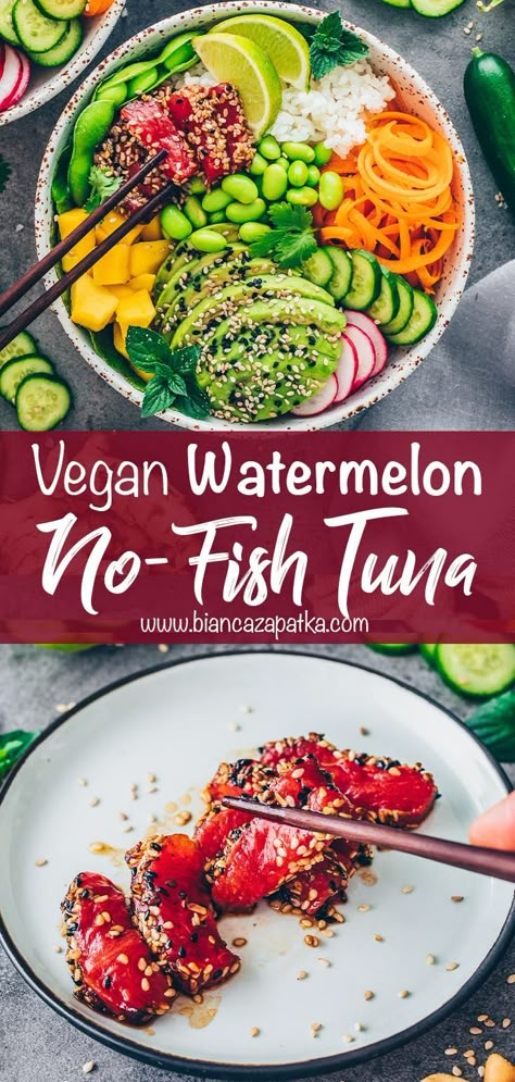 Vegan Sushi Salad, Watermelon Salmon Vegan, Watermelon Ahi Tuna, Watermelon Tuna Vegan, Vegan Watermelon Recipes, Vegan Watermelon Salad, Vegan Tuna Sushi, Vegan Sushi Ideas, Veg Sushi Recipes