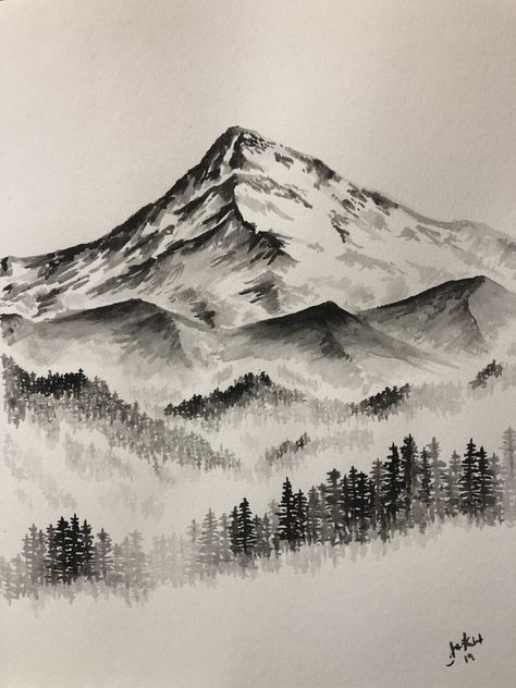 Mountain and hills #watercolor Mountain And Pine Tree Drawing, How To Draw A Mountain Range, Mountain And Trees Drawing, Mountain Landscape Sketch, Sketch Mountains Simple, Colorado Mountains Drawing, Charcoal Drawing Mountains, Landscape Ideas For Drawing, Mountain Forest Drawing