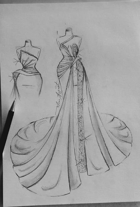 Vintage Dress Drawing Sketches, Drawing Of Dresses, Dresses Pencil Sketch, Ball Gowns Drawing, How To Draw Heels Side View, Fashion Design Sketches Dresses, Dresses Drawing Design, Haute Couture Dress Drawing, Designer Dresses Drawing Sketch Gown