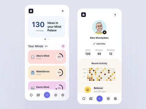 Mind Palace App / Mobile Minds & Profile by Alex Shelvey on Dribbble App Design Profile, Profile Ui, Handwritten Logo Design, Unique Apps, Design Engineer, App Ideas, Apps Design, Mind Palace, Handwritten Logo