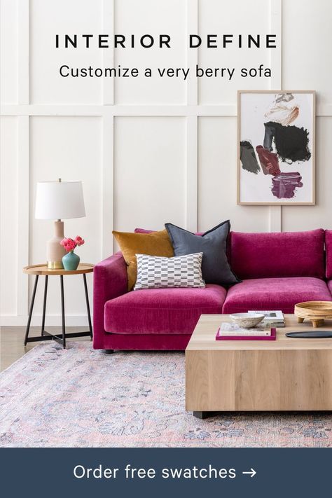 Interior Define. Customize a very berry sofa. Start with free fabric swatches. Pink Couch Living Room, Pink Sofa Living Room, Colorful Couch, Retro Chairs, Pink Couch, Pastel Home Decor, Custom Sectional Sofa, Pink Sofa, Beautiful Home Designs