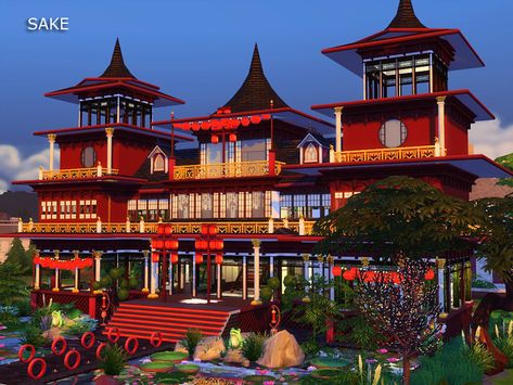 Sims 4 Restaurant Cc, Asian Restaurant Design, Sims 4 Restaurant, Sims 4 City Living, Restaurant Exterior Design, China House, Japanese Lamps, Asian House, Chinese House