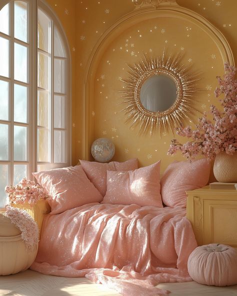 Daybed princess🌞 Inspired by my amazingly talented friend @sole.vika Please give her a follow✨ . . . . #bedinspo #magicalart #celestialvibes #hyperreal #artforfun #bedroomgoals #dreamyart Glinda Inspired Bedroom, Pink Purple Yellow Aesthetic, Pink And Yellow Interior Design, Golden Hour Room Aesthetic, Yellow And Pink Room Aesthetic, Angled Bed In Corner, Pink Yellow Interior, Pink And Yellow Bedding, Pink And Yellow Bedroom Aesthetic