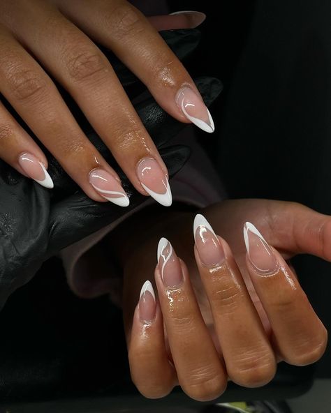 This design 😫🤍 - . . . . . . . . - Tags: #nails #nailsnailsnails #nailsofinstagram #explore #explorepage #explorenails #nailsart #frenchnails #gelx #gelxnails #acrylicnails #acrylicnaildesign White Star Almond Nails, White Tips Almond Shape, Almond White French Tip With Design, Almond White Nails Design, Winter Nails 2022 Trends Acrylic Almond, Almond Nails Designs White, White Nail Designs Almond, Almond Nails Astrology, Almond Nails White