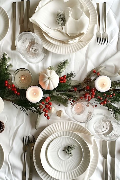 Create a sleek and elegant table with a Nordic Christmas theme. Learn how to achieve a minimalist look with clean lines and natural elements. Use a white or light gray tablecloth, simple white dishes, and touches of greenery like pine branches or eucalyptus. Add some wooden accents and candles for warmth. It’s a modern and stylish way to set your table, inspired by the simplicity and beauty of Scandinavian design. Whether you’re hosting a small family dinner or a festive gathering with ... Crate And Barrel Christmas Table, Minimalist Christmas Table Setting, Small Table Christmas Decor, Nordic Christmas Table, Scandinavian Christmas Table, Christmas Table Set Up, Christmas Tablesetting, Christmas Inn, Gray Tablecloth