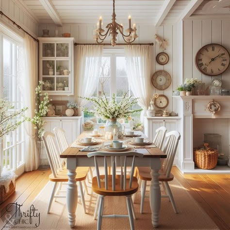 Southern Charm Dining Room, Colorful Farmhouse Dining Room, Cottage House Dining Room, Victorian Farmhouse Dining Room, Cottagecore Dining Room Ideas, Dining Room Decor Cottage Core, Dining Room Cottagecore, Room Inspiration Cottagecore, White And Wood Dining Room