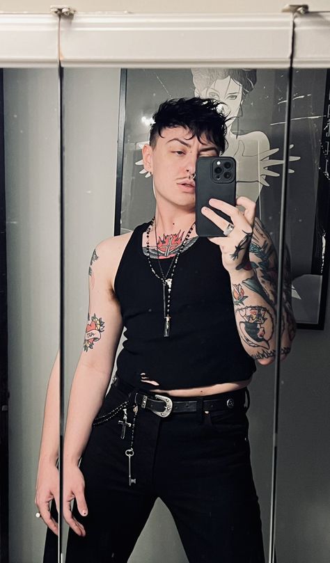 Masc Goth Outfits Summer, Trans Goth, Masc Tradgoth, Trad Goth Masculine Outfits, Goth Twink Outfits, Chubby Transmasc, Chubby Goth, Masc Tradgoth Makeup, Alternative Mens Fashion