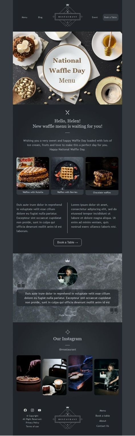 Restaurant Email Marketing, Email Marketing Design Newsletter Templates, Restaurant Newsletter, National Waffle Day, Newsletter Design Templates, Waffle Day, Email Marketing Examples, Email Advertising, Email Marketing Design Inspiration