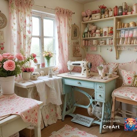 Cottage Core Craft Room Decor, Vintage Sewing Rooms Cottage, Pink Room Cottagecore, Girly Cottagecore House, Coquette Sewing Machine, Pink Laundry Rooms, Shabby Chic Craft Room, Sewing Room Design, Craft Room Design