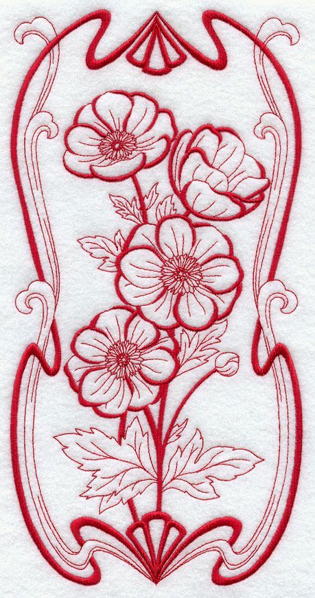 Fleurs Art Nouveau, Flower Panel, Nouveau Tattoo, Art Nouveau Illustration, Art Nouveau Flowers, Flower Panels, Redwork Embroidery, Red Embroidery, Forget Me Nots