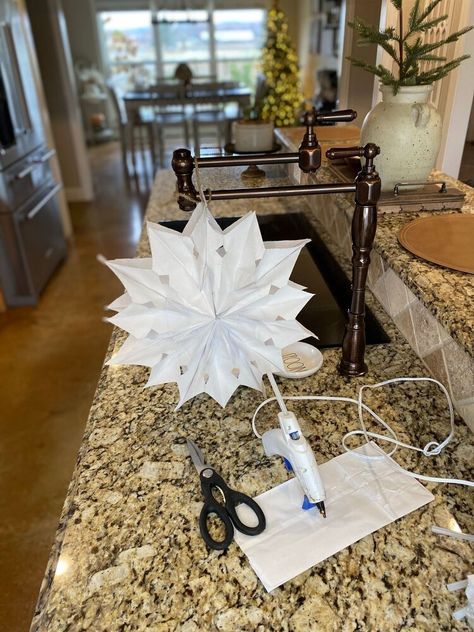 How To Make Snowflakes Out Of Paper Bags, Snowflakes Made From Lunch Bags, Lunch Sack Snowflakes, Diy Snowflakes Paper Bags, Lunch Bag Snowflakes Brown Paper, Lunch Bag Snowflakes, Bag Snowflakes, White Lunch, Happy Thanksgiving Friends