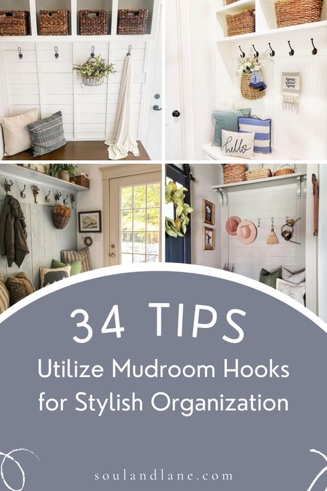 Elevate the functionality and aesthetics of your mudroom with creative hook solutions. Hooks are indispensable tools for keeping your entryway tidy and accessible. Explore innovative ideas for incorporating hooks into your mudroom design, whether it's through a bespoke hook wall for a personalized touch or utilizing hidden spaces for extra storage. Tips on choosing the right style and material will help you create a mudroom that’s both practical and stylish, ensuring everything has its place fro Entryway With Wall Hooks, Mud Room Coat Hook Ideas, Mud Room Hook Wall, Entryway Hanging Hooks, Mudroom Wall Decor, Entryway Hook Ideas, Hooks For Mudroom, Wall Hooks Entryway, Mudroom Hooks