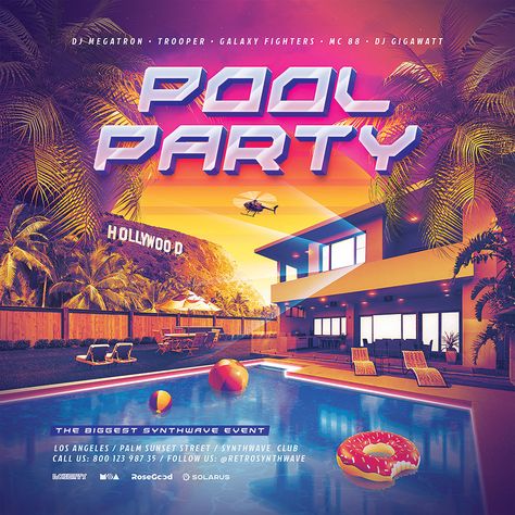 Pool Mansion, Back Future, Pool Party Flyer, Synthwave Neon, Text Photoshop, Party Design Poster, Pool Parties Flyer, Pool Party Food, Diy Graphic Design