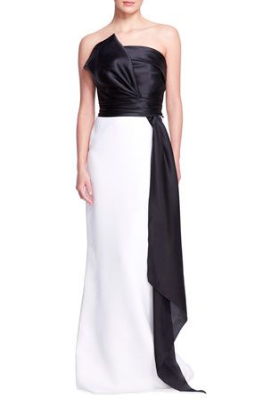 B6ENY Marchesa Colorblock Strapless Silk Gown w/ Bow Sash Marchesa Couture, Structured Gown, Marchesa Dress, Bow Sash, Drape Gowns, Crepe Skirts, Midi Dress Style, Strapless Gown, Silk Gown