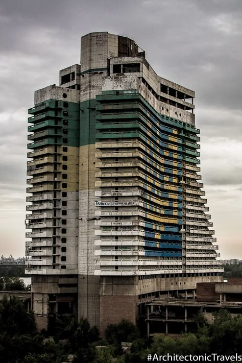 Parus Hotel in Dnipro, Ukraine | Brutalist | Soviet architecture | former USSR #sovietarchitecture #architectonictravels #socialistarchitecture #communistarchitecture Soviet Architecture Ukraine, Soviet Brutalist Architecture, Brutalist Architecture Soviet, Brutalist Skyscraper, Soviet Brutalism, Soviet Building, Soviet Ukraine, Brutal Architecture, Soviet Architecture