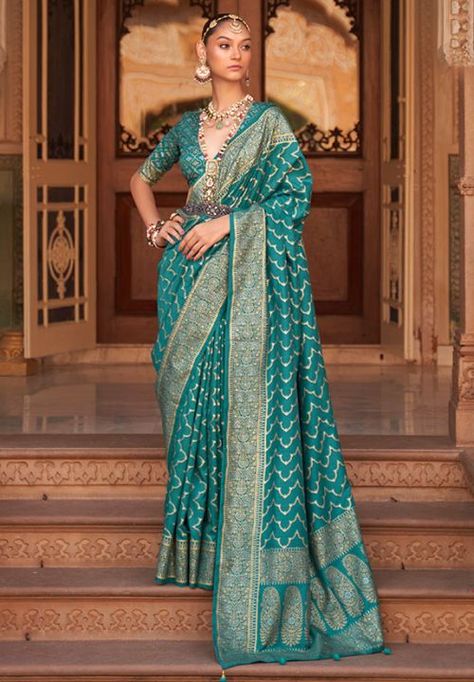 Rama Green Woven Soft Silk Saree Rama Colour Combination, Rama Green Colour Combination, Teal Saree, Blue Silk Saree, Banarasi Silk Saree, Half Sleeve Blouse, Designer Sarees Online, Art Silk Sarees, Trendy Sarees