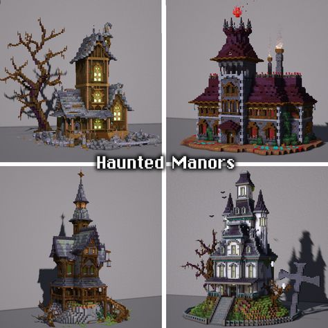 I made these haunted manors (2 with some friends), all available via my patreon :) Minecraft Haunted Mansion, Minecraft Gothic House, Witch Minecraft, Minecraft Recipes, Minecraft Fantasy House, Pretty Minecraft, Minecraft Bases, Alex Minecraft, Map Building