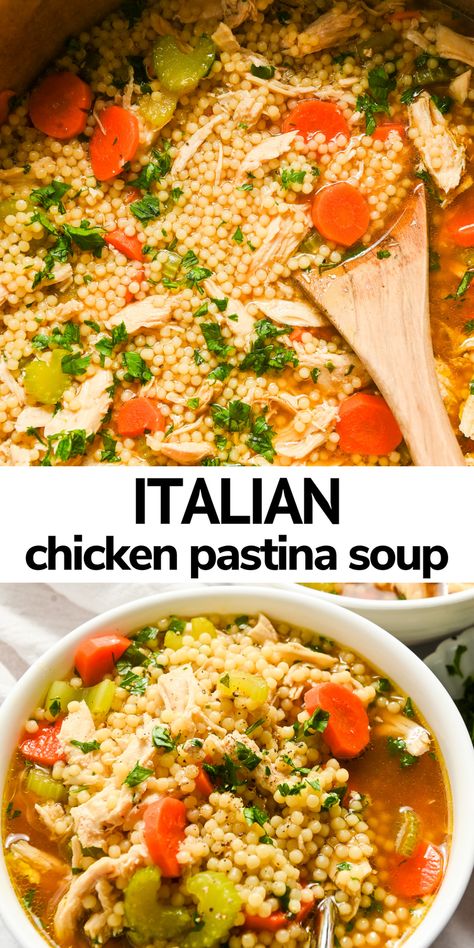 Chicken pastina soup is a cozy and comforting soup recipe that is perfect for chilly winter days! Tender chicken, little pasta, fresh herbs, and vegetables create this perfect meal. Make this easy soup recipe in just about 30 minutes! Soups With Chicken And Pasta, Pastina Salad Recipes, Italian Chicken Pastina Soup, Pastina Chicken Soup, Healthy Cozy Dinner Recipes, Pastina Soup Recipes, Chicken Pastina Soup Recipe, Chicken Pastina Soup, Chicken Pastina