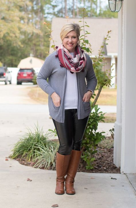 How to step up your leggings game - Savvy Southern Chic, faux leather leggings outfit, grey cardigan outfit, riding boots, casual fall outfit #fallfashion #falloutfits #fashionoutfits Grey Cardigan Outfit, Leather Leggings Night Out, Outfits With Grey Cardigan, Fall Weather Outfits, Faux Leather Leggings Outfit, Outfit Grey, Leggings Winter, Leather Leggings Outfit, Chic Autumn