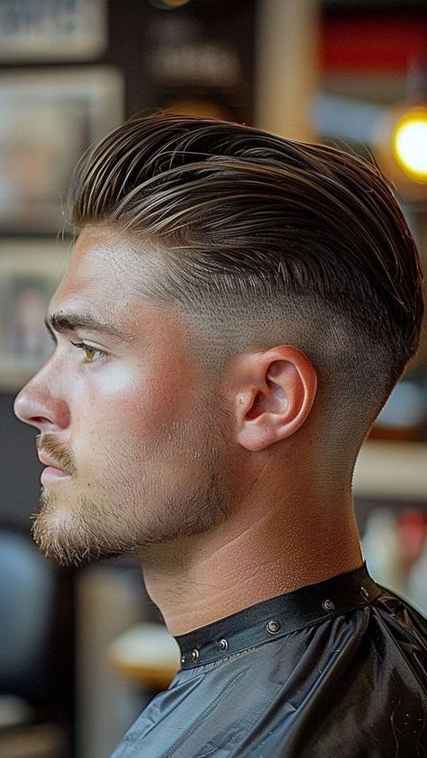 Men Comb Back Hairstyle, Feathered Haircut Men, Mens Hairstyles Wedding, Men’s Slick Back Haircut, Men’s Short Slicked Back Hair, Fade On Sides Long On Top Men, Men’s Fade Long On Top, Slicked Back Mens Hair, Men’s Pompadour Hairstyle