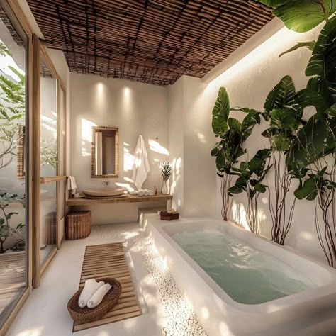 Small Bathroom Bali Style, Bali Hotels Villa, Bali House Interior, Bali Villa Interior, Boho Villa, Dream Bathroom Luxury, Bali Bathroom, Jacuzzi Bathroom, Canggu Villa