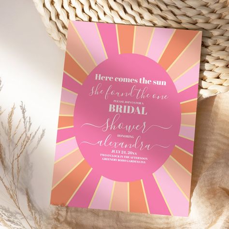 Sunshine Invitations pink retro here comes the sun bridal shower  invitation retro sun bridal shower she found the one unique modern 70s 60s vintage boho bohemian ray of sun sunshine sun beams whimsical Here Comes The Sun She Found The One, Sunset Bridal Shower Ideas, Here Comes The Sun Bridal Shower Theme, Cheerful Typography, Bach Bash, Photo Guest Book Wedding, Bridal Shower Planning, Bachelorette Themes, Photo Guest Book