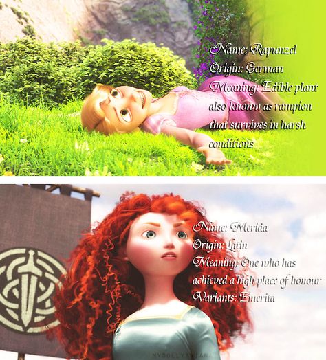 Meanings behind the names Rapunzel and Merida. I like how both of their names represent them in some way Disney Nerd, Disney Facts, Disney Addict, The Big Four, Disney Life, Disney Fan, To Infinity And Beyond, Disney Dream, Disney Ladies