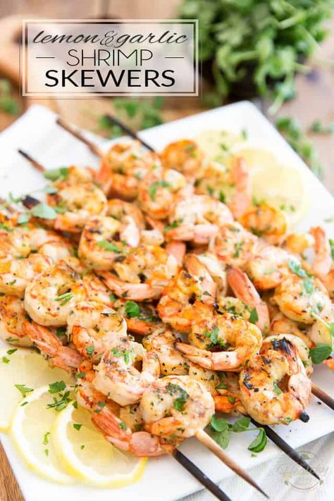 Garlic Shrimp Skewers, Seafood Brunch, Prawn Skewers, Shrimp Skewer Recipes, Spicy Garlic Shrimp, Lemon Garlic Butter Shrimp, Lemon Garlic Shrimp Pasta, Shrimp Kabobs, Grilled Shrimp Skewers