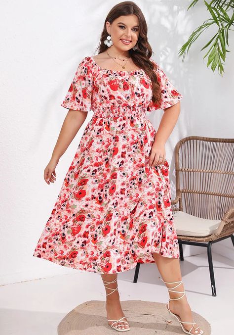 Buy Wholesale Plus Size Clothing 4x 5x 6x Printed Beach Dresses, Plus Size Pink, Affordable Plus Size Clothing, Dress With Ruffle Sleeves, Plus Size Summer Dresses, Middle Age Fashion, Floral Fashion, Curvy Dress, Plus Size Dress