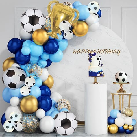 PRICES MAY VARY. Quantity:You will receive 10 latex soccer balloons, 5 big soccer ball balloons, 1 trophy balloon, 30 dark blue balloons, 30 blue balloons, 30 white balloons, 20 gold balloons, 10 gold sequined balloons, 1 roll of balloon strip, 2 rolls of ribbon, 100 glue point. Material:Latex balloons are made of high-quality materials. The big soccer ball balloons and trophy balloon are made of aluminum film. The balloons are not easy to break and can be reused. How to use: Helium balloons can Ball Theme Birthday Decoration, Soccer Themed Birthday Party Ideas, Soccer 1st Birthday Baby Boy, Soccer Banquet Decorations, Football Decorations Party, Soccer Baby Shower Ideas, Football Birthday Party Theme, Ball Themed Birthday Party, Boys Soccer Birthday Party