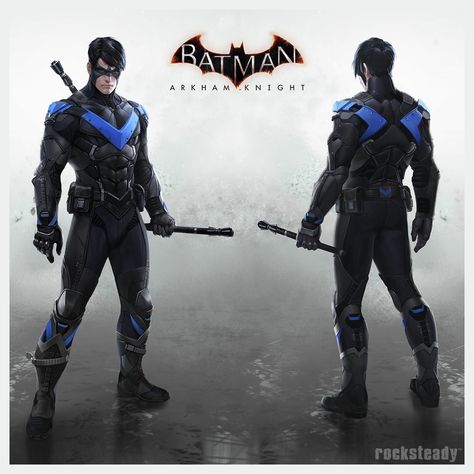 Nightwing in Arkham knight Nightwing Suit, Batman Arkham Knight Suit, Arkham Knight Suit, Batman Arkham Night, Nightwing Costume, Nightwing Costumes, Batman White Knight, Nightwing Cosplay, Nightwing And Batgirl