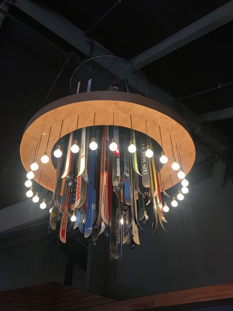 Mt Baldy ski lodge chandelier made with older skis Ski Store Design, Ski Office Decor, Ski Shop Interior, Ski Resort Interior Design, Ski Lodge Interior Design, Ski Lodge Aesthetic Interior, Ski House Chandelier, Ski Decor Ideas, Ski Chalet Chandelier